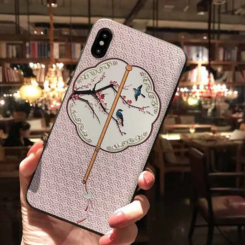 JIBAN Chinese style pink fan magpie Phone Case for iphone X XS XR XSMAX 6s 6plus 7 7plus 8 Cover Soft Silicon protection sleeve |