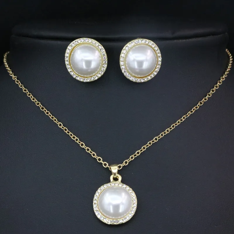New Women's Round Simulated-Pearl Necklace Stud Earring Jewelry Set Silver-Color Gold Colors Chain Earrings 18inch B3407 | Украшения и