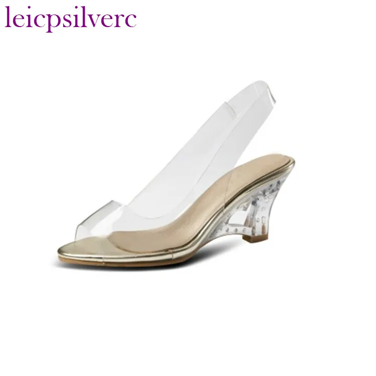 Женские босоножки модные однотонные открытый носок мелкой Slip-On обратно ремешок клинья каблуки с узором прозрачная обувь золото зеленый красный серебряные каблуки