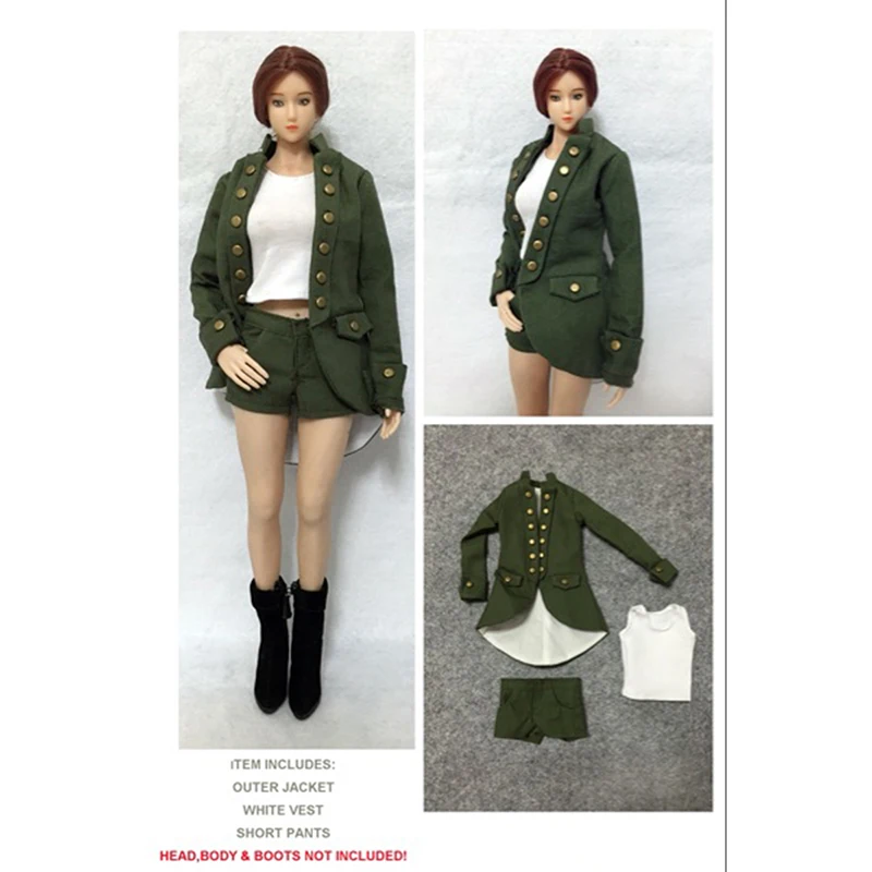 

1/6 Green Female Army Style Outer Jacket White Vest and Short Pants Set for 12''Women Figures Bodies