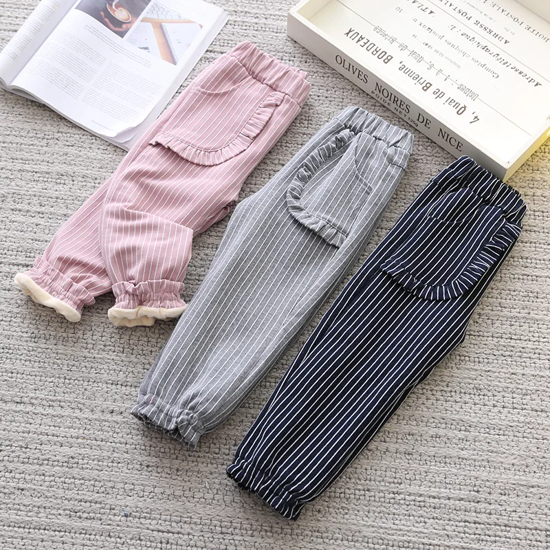 BibiCola/2018 г. Зимние новые хлопковые брюки Детская мода striped ruffled плюс бархат thicking