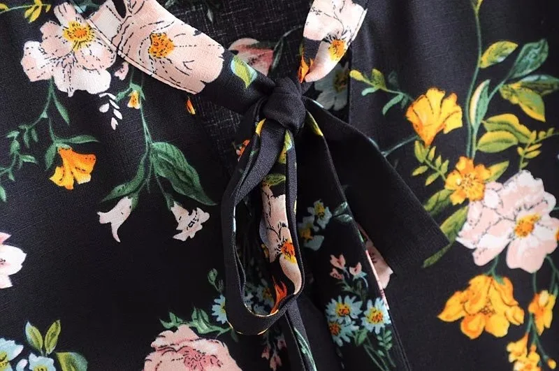 VOGUEIN Новая женская черная Цветочная печать с длинным рукавом гофрированная