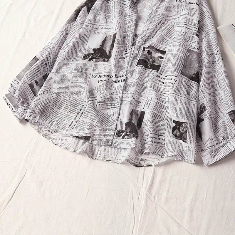 Женская Повседневная Блузка с длинным рукавом и принтом газет в Корейском стиле