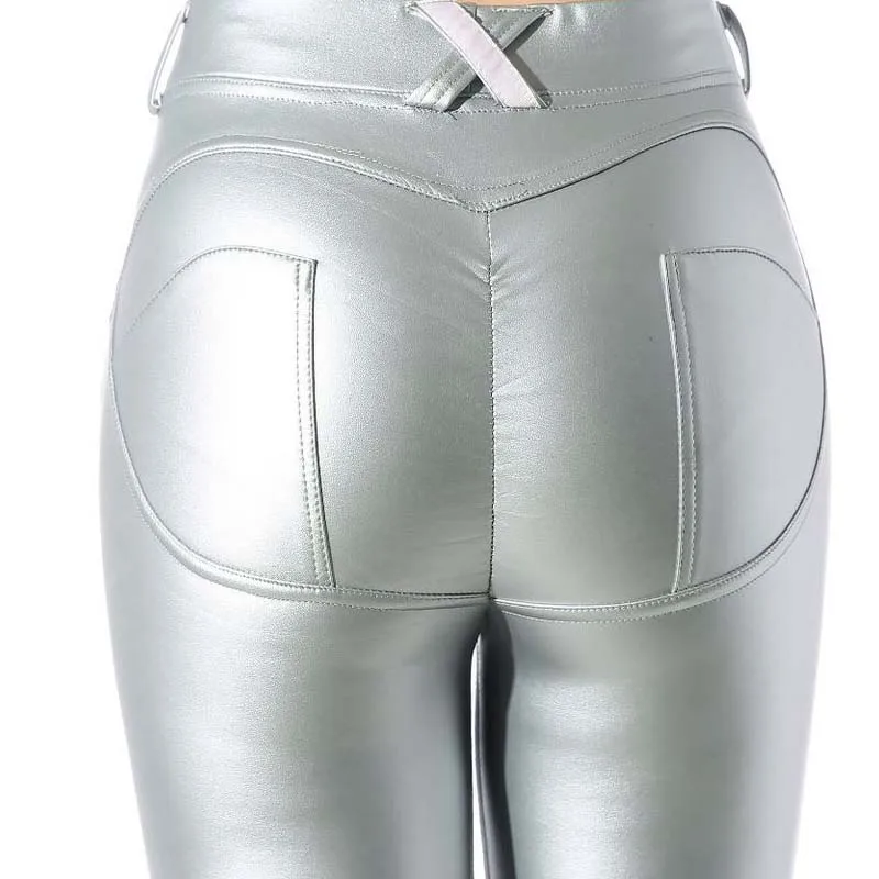 Женские леггинсы с высокой талией теплые черные из искусственной кожи пуш апом