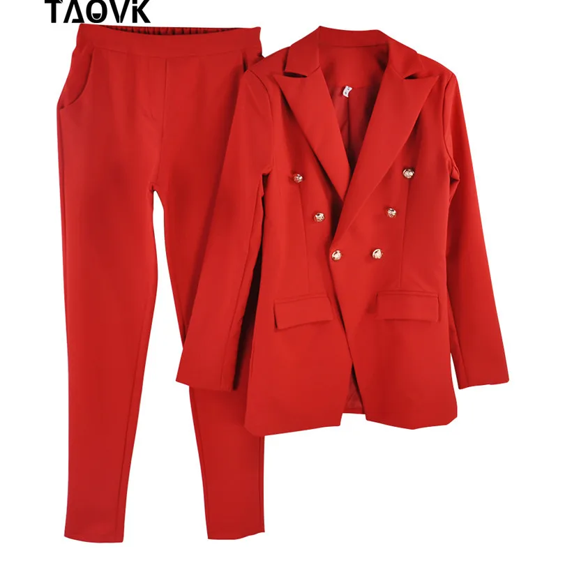 Red TAOVK OL брючные костюмы двубортный блейзер с отложным воротником Топ+ брюки 2 шт. наряды для женщин женская одежда брюки uit - Цвет: Red