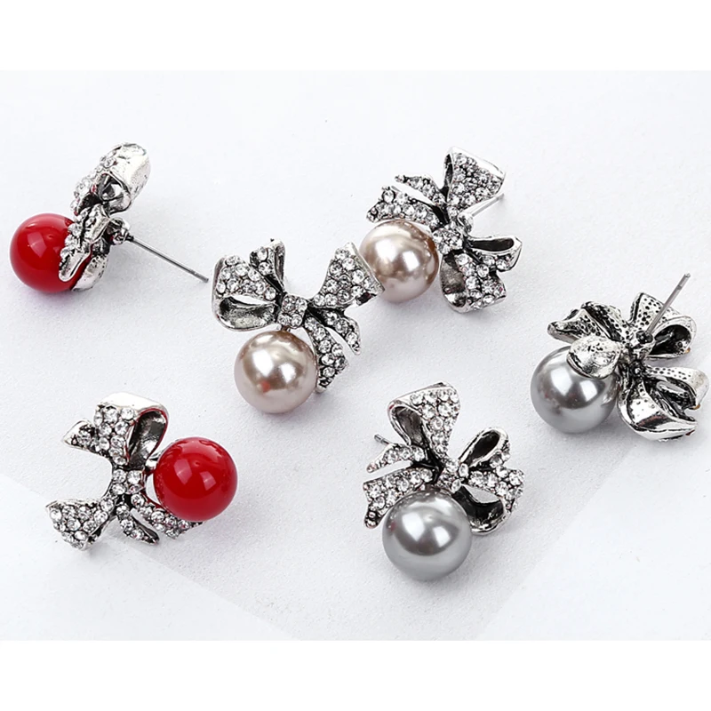 YAOLOGE Unique Inlaid Rhinestone Bow Stud Earrings Imitation pearls Trendy Jewelry Wedding Party For Women Gifts E1568 | Украшения и