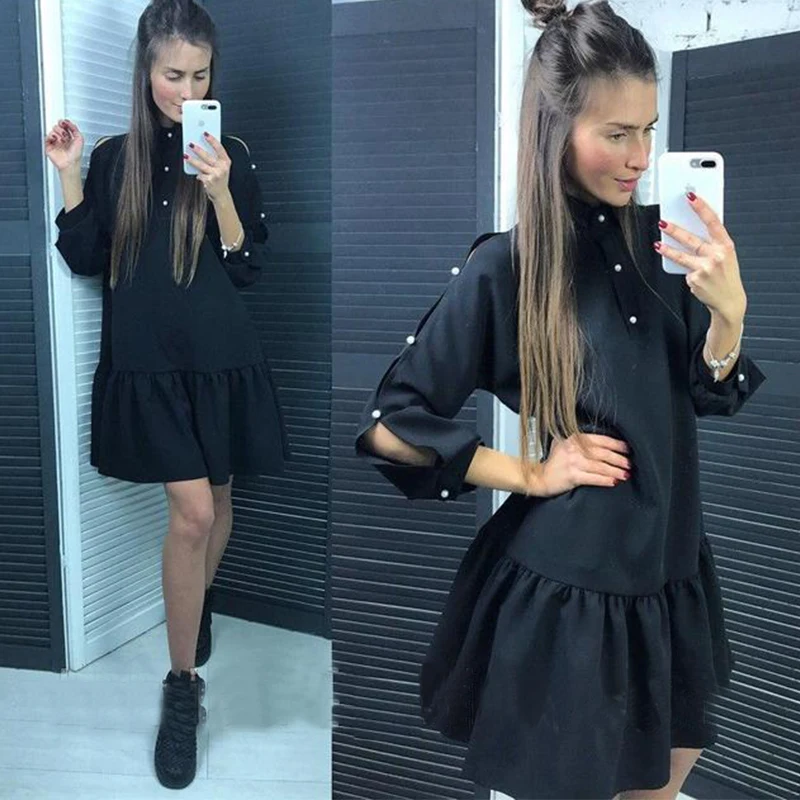 2018 весенние модные женские плиссированные повседневные платья с бисером