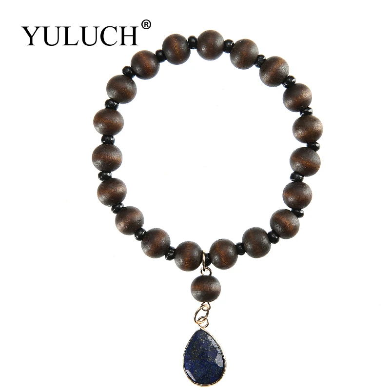 Женский браслет из натурального дерева YULUCH черный с бусинами смолы в виде капли
