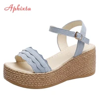 aphixta platform ladies wedge sandals women peep toe buckle shoes pleated woman wedges fashion summer high heel shoes for women