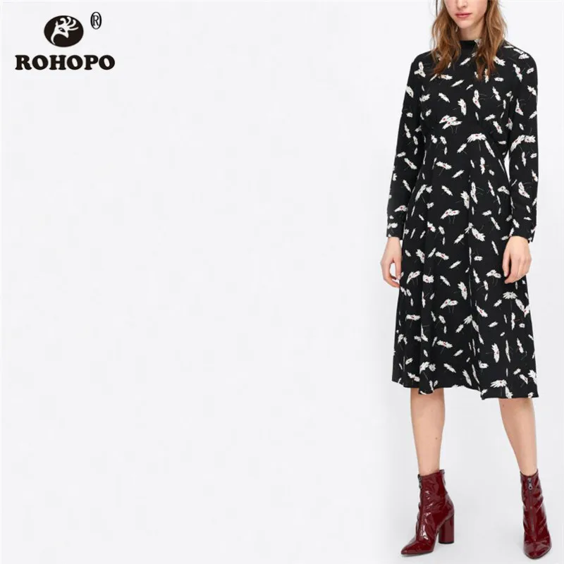 ROHOPO/черное платье средней длины с длинными рукавами и принтом маргариток