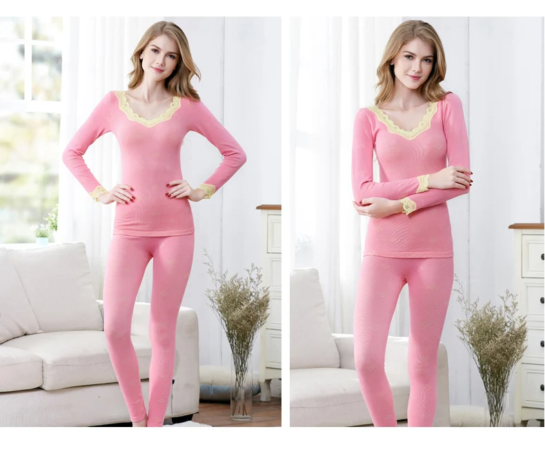 Long Johns Для женщин на зиму сексуальное платье с v-образным воротом, комплект из 2 предметов, кружевное нижнее белье костюм тонкий Термальность нижнее белье бесшовное пропускающее воздух с утепленными подштанниками
