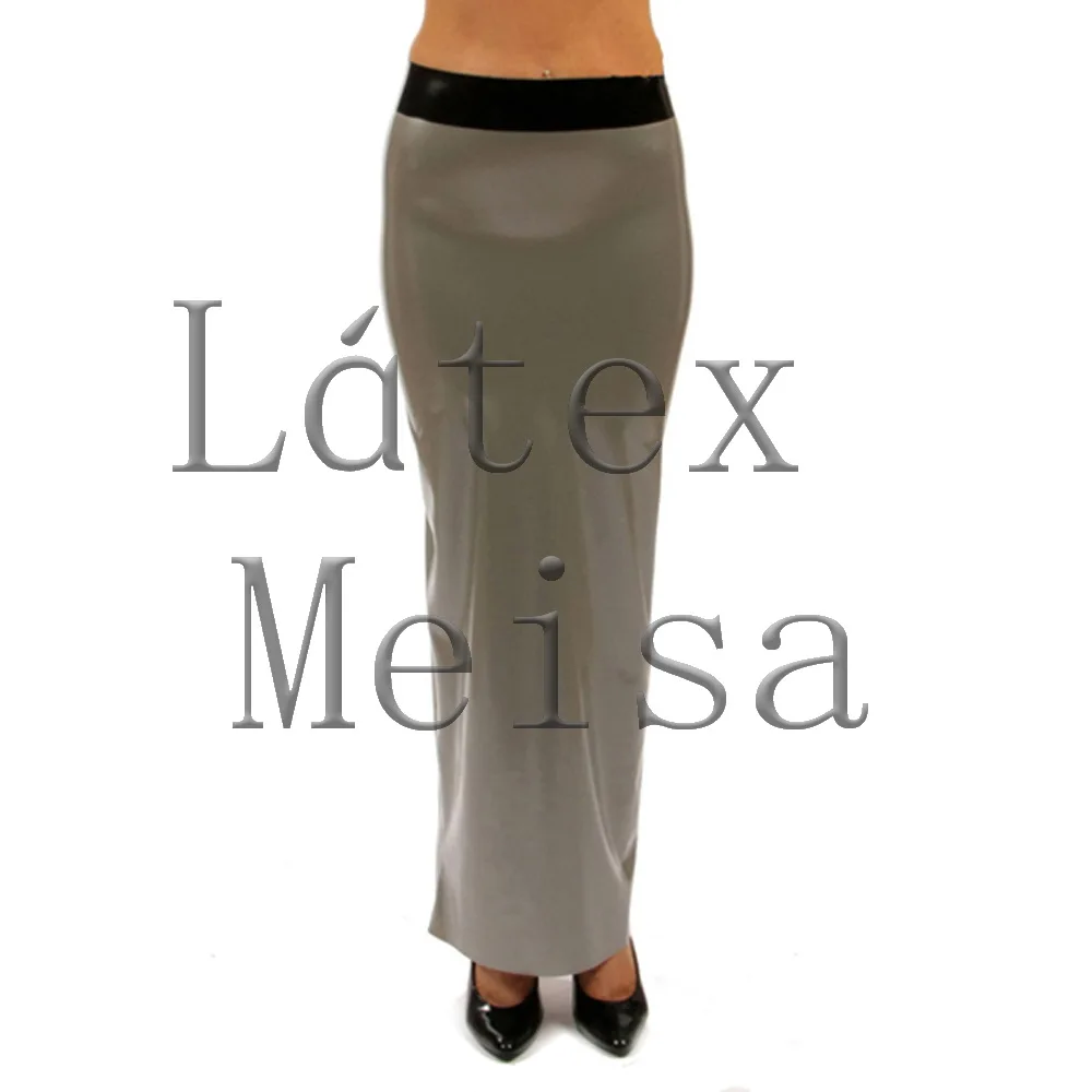 Casual women's straigt latex skirt with angle-length in solid silver color