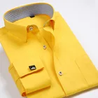 Мужская классическая рубашка с длинными рукавами, однотонная Повседневная Формальная рубашка розового, желтого и синего цветов с французскими запонками для осени