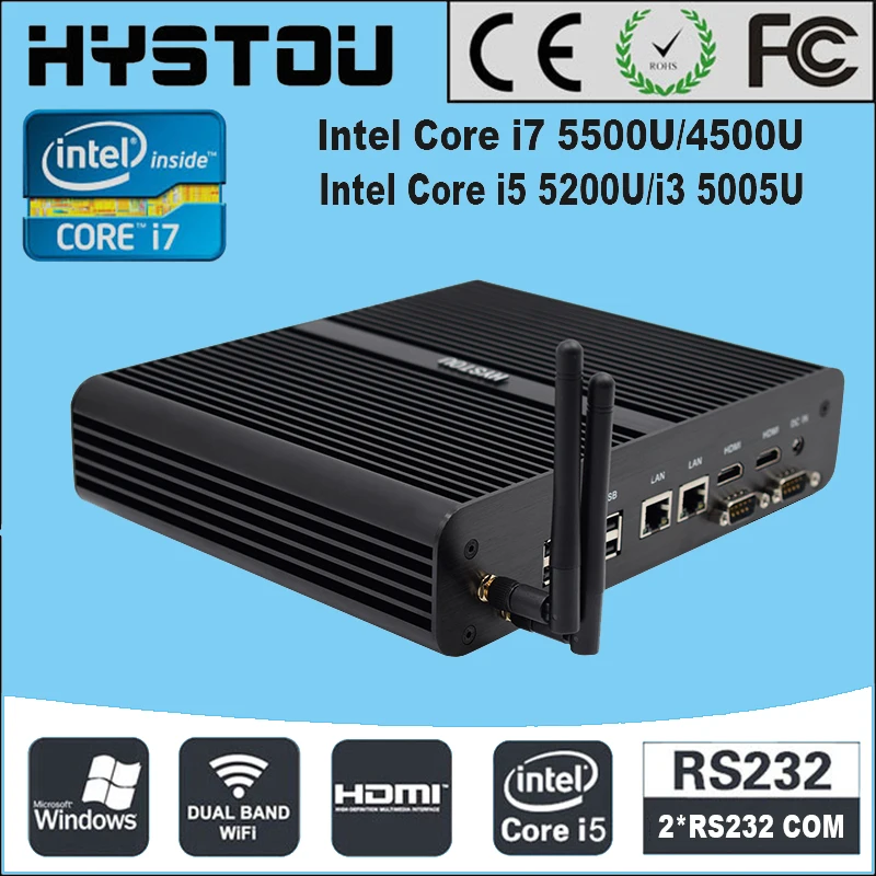 Hystou промышленный мини i5 5200U Dual Com 2 lan Портативный Безвентиляторный Компьютер Intel Core I7 5500U Linux Ubuntu Настольный I3 5005U