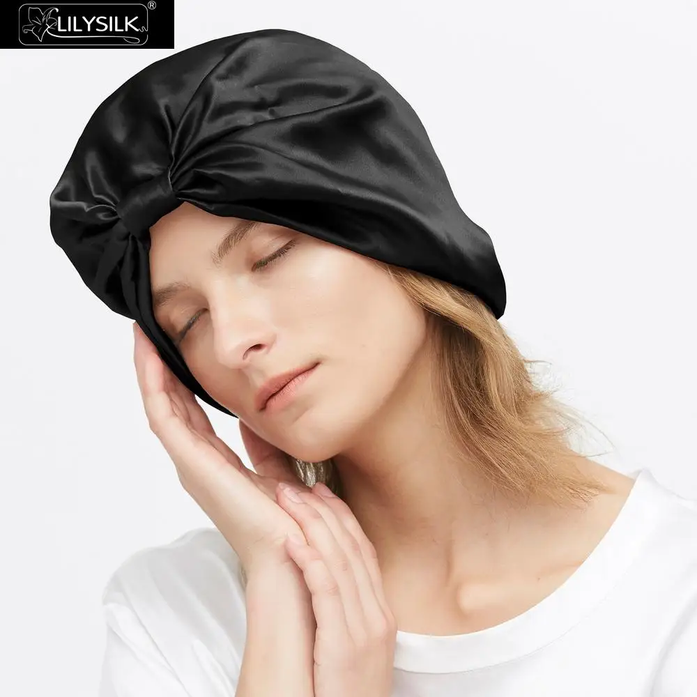Black LilySilk шелковая шапочка для сна Классическая плиссированная шапка для волос один размер Женская Новинка - Цвет: Black