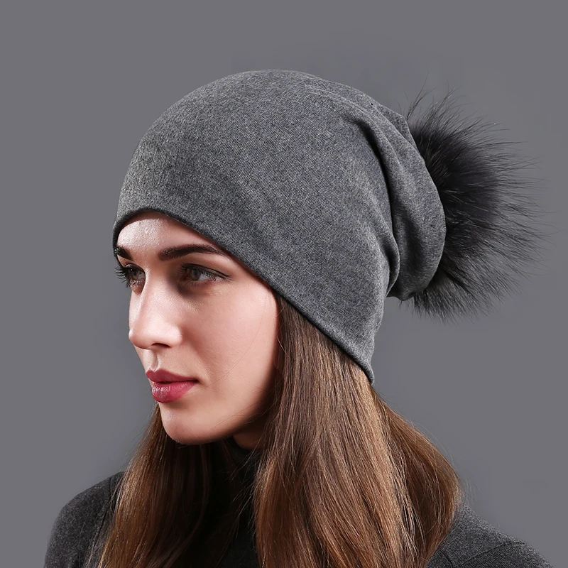 Шапки с помпонами из натурального меха енота, осенние шапки skullies beanies, женские модные однотонные кепки, зимняя теплая Женская хлопковая шапка