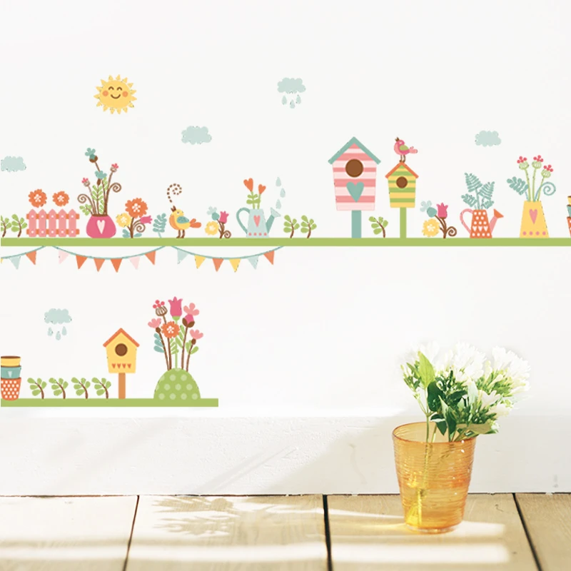 sweet birds house flower fence skirting line flora wall stickers for kids rooms home decor pvc decals wedding mural art | Дом и сад