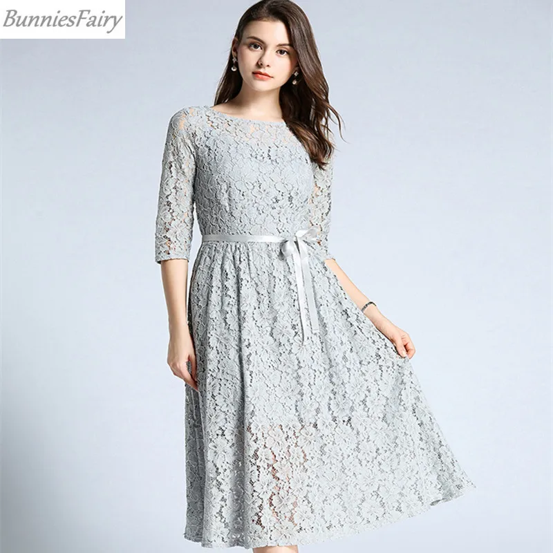 BunniesFairy 2018 Осень Зима Женское цветочное Кружевное платье миди с поясом и