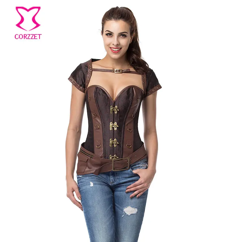Brown floral Steel Boned Corset Sexy Waist Slimming Corsets Overbust Corselet with Belt&Jacket Steampunk Gothic Clothing Corpete