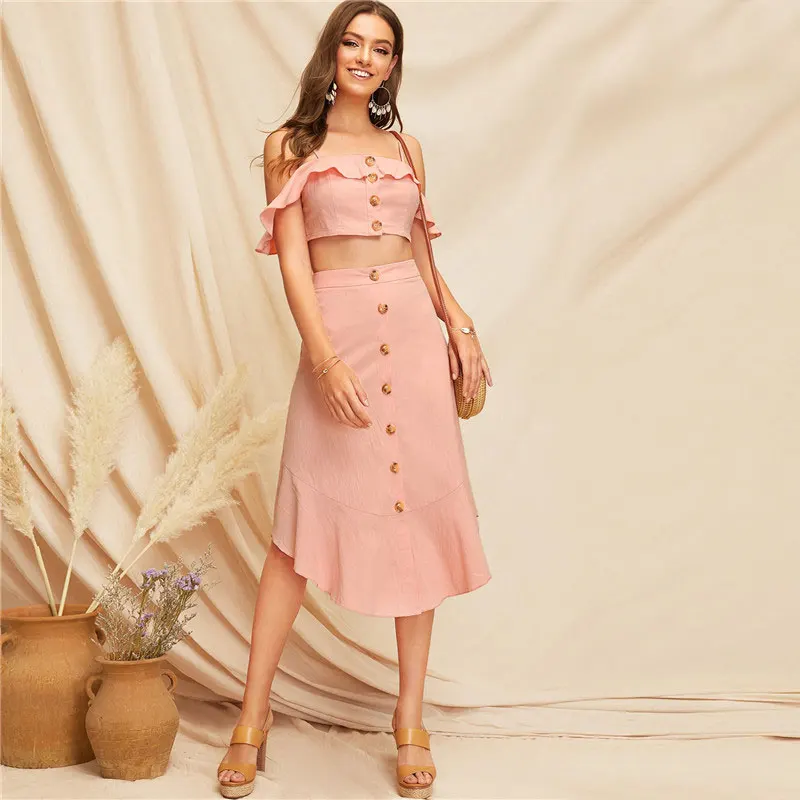 SHEIN Раздельное Летнее Платье, Летний Комплект Кроп Топ На Бретелях С Оборкой И Юбка С Пуговицами