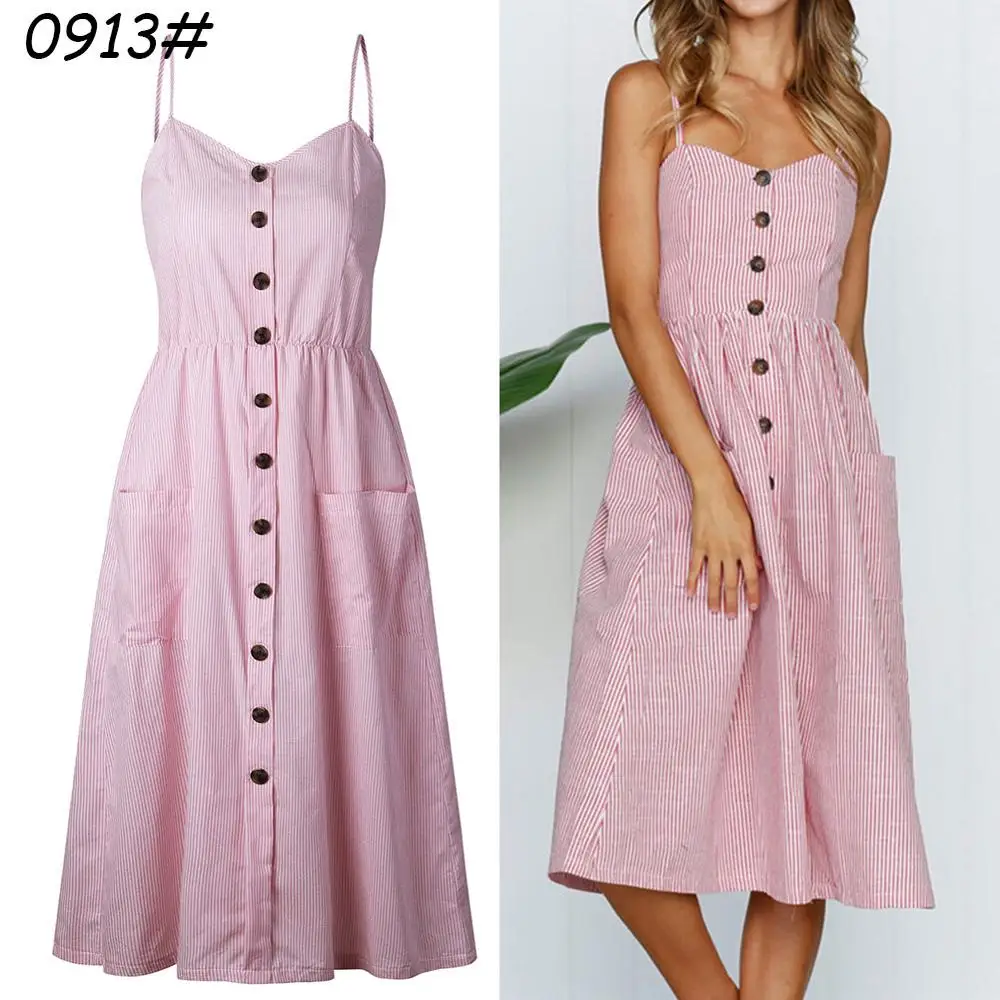 0913 Pink Spasril, женское платье на бретельках, стильный цветочный принт, сексуальные платья на бретельках с открытой спиной, летнее пляжное женское платье с карманами - Цвет: 0913 Pink
