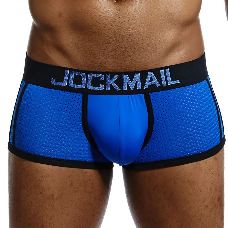JOCKMAIL, брендовые боксеры, мужские сетчатые u-образные трусы, сексуальное нижнее белье, Cueca, трусы для увеличения пениса, боксеры, шорты, мужские трусы - Цвет: Синий