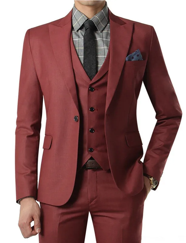 Wine red Suit Custom Made Wedding Suits With Pants Mens Tuxedos Grooms Shawl Black Lapel One Button( jacket+Pants+vest+tie)