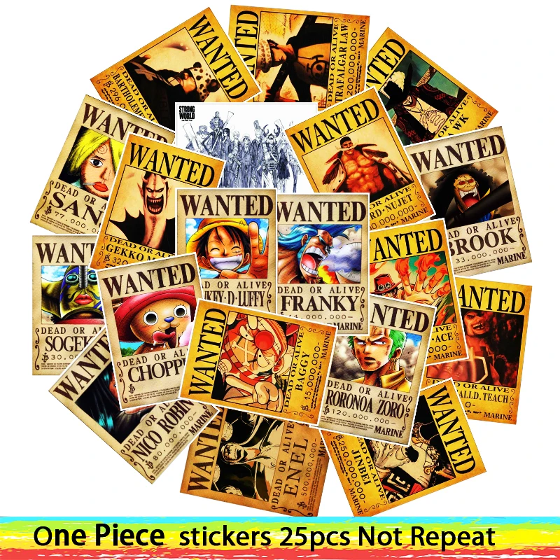 P018 T001(25PCS) 25 шт. аниме ONE PIECE Luffy Wanted наклейки для автомобиля ноутбука ПВХ Рюкзак для дома Наклейка коврик велосипед водонепроницаемый наклейка - Цвет: P018 T001(25PCS)
