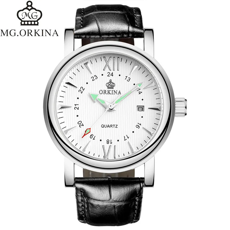 ORKINA светящиеся стрелки мужские часы роскошный ремешок Кварцевые Золотые ободки