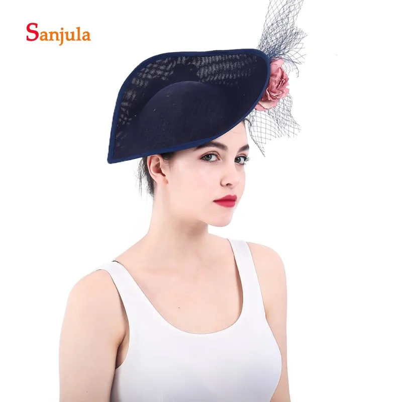 Navy Blue Women's Formal Party Headwear with Flowers Fashionable Fascinators Bridal Tulle Hats pamelas sombreros bodas H23|Свадебные