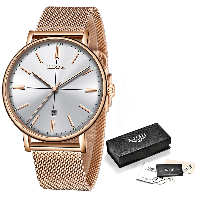 Rose Gold White Оригинальные креативные часы LIGE, женские водонепроницаемые часы из нержавеющей стали, супер тонкие сетчатые часы с ремешком, женские часы, подарок, Relogio Feminino - Цвет: Rose Gold White