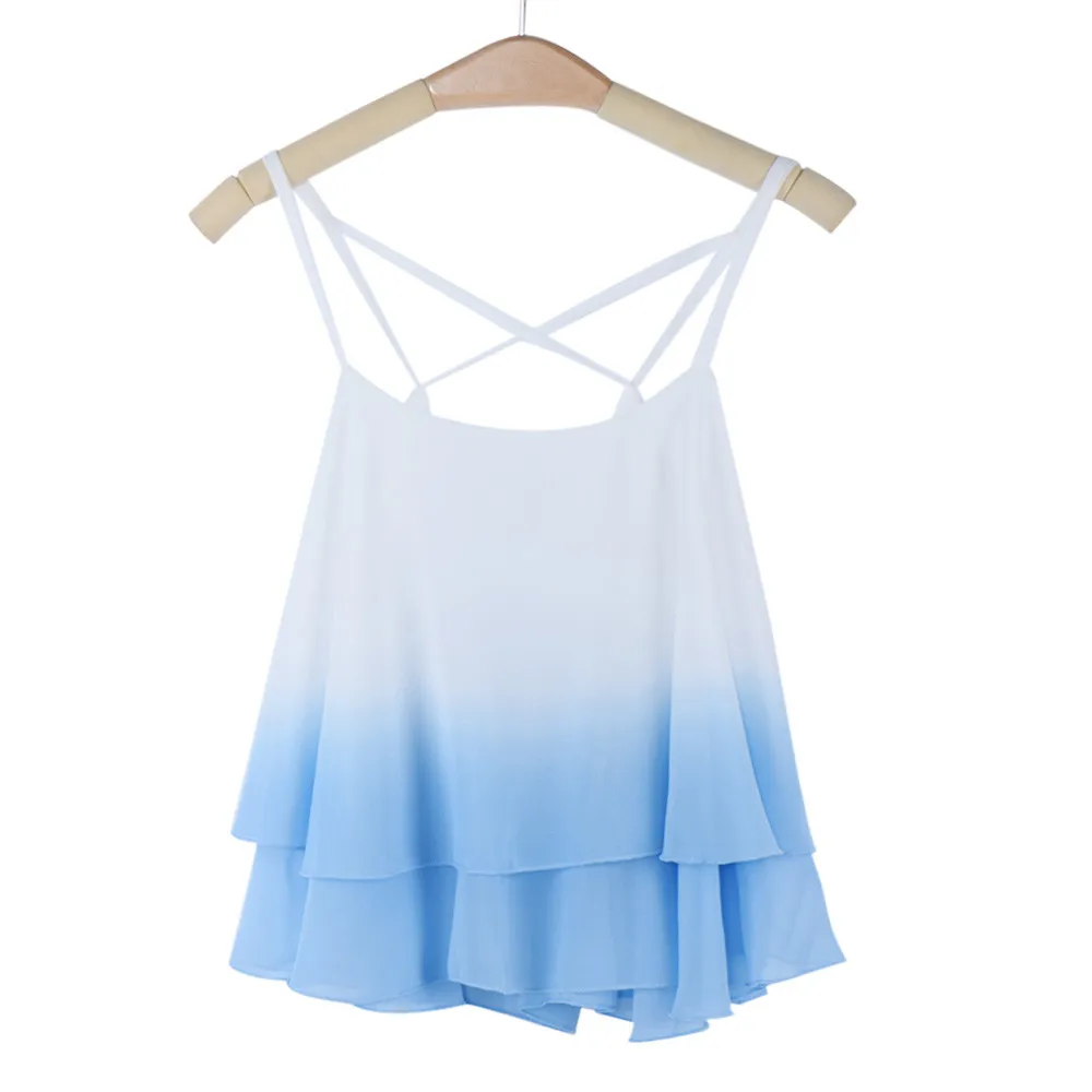 Дизайн Chamsgend, модный пляжный Топ для женщин и девочек, шифоновые топы на бретелях с оборками градиентного цвета, топики 160303, Прямая поставка
