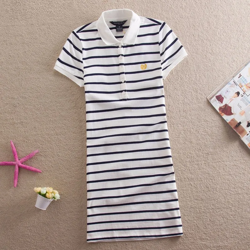 New Navy White Casual Embroidery Stripe Polo Dress Print Party Mini Vestido De Festa Summer Plus Size Women Vestidos Elegant