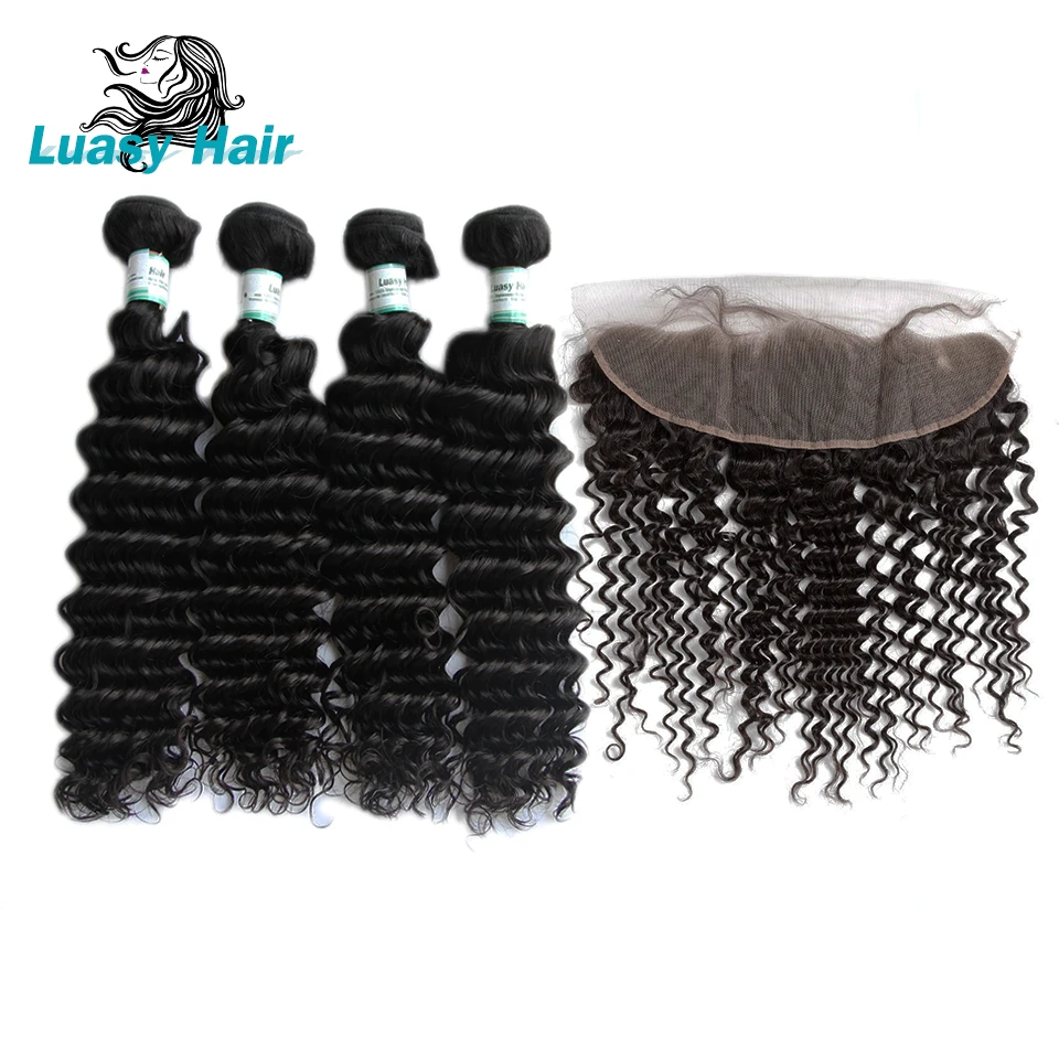 Luasy малазийские кудрявые человеческие волосы пряди с закрытием 100% Remy 4 пучка