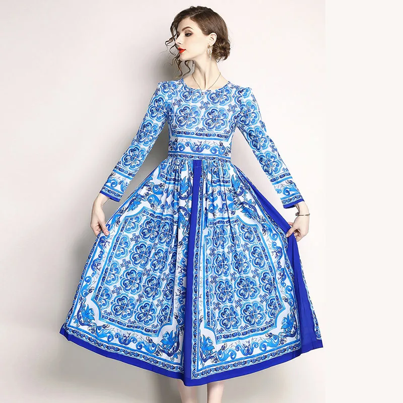 Женское платье с длинным рукавом и круглым вырезом повседневное винтажное