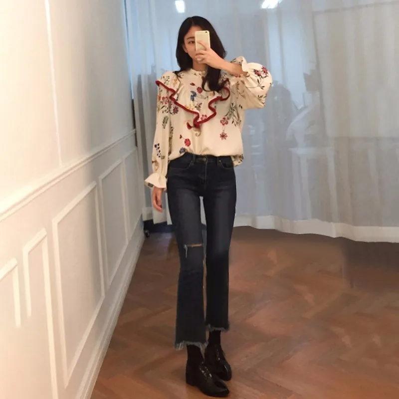 TWOTWINSTYLE рубашка с принтом женская оборками в стиле пэчворк со стоячим воротником