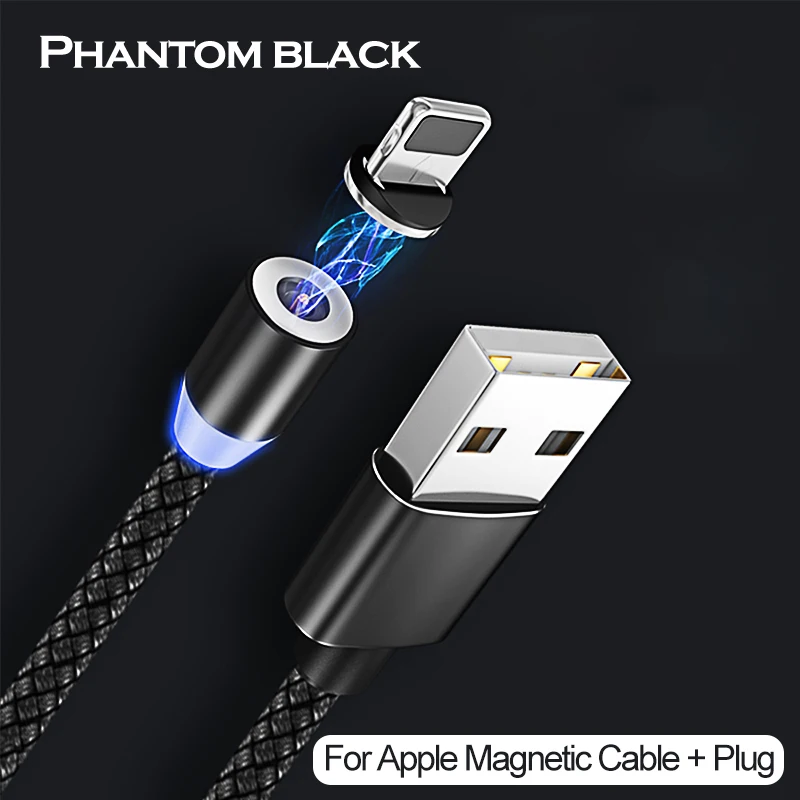 Black For Iphone Магнитный светодиодный usb-кабель для быстрой зарядки для iphone 6, 6s, 7, 8, XS, X, шнур зарядного устройства для samsung s9/10 type-C, Micro USB кабель для зарядки телефона - Цвет: Black For Iphone