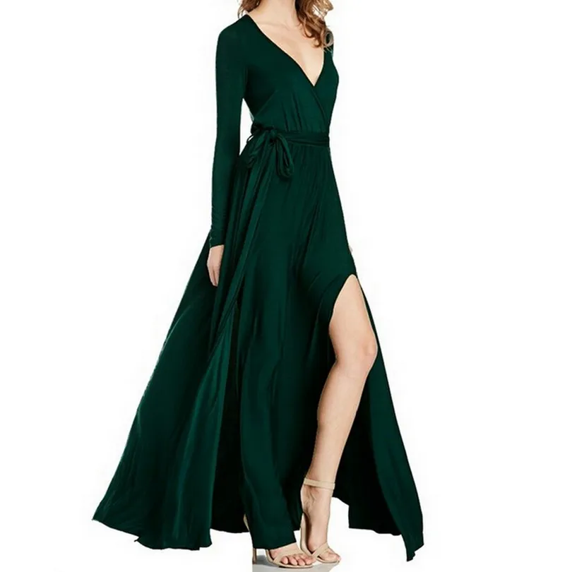 Платье макси с v образным вырезом для женщин одежда разрезом однотонные зимние
