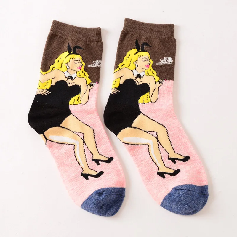Socks Bunny girl Модная женская Ретро абстрактная картина маслом Мадонна Джексон Чаплин леди носки с кроликами хлопок Crew Рождество Sox Милый Забавный Новинка - Цвет: Socks Bunny girl