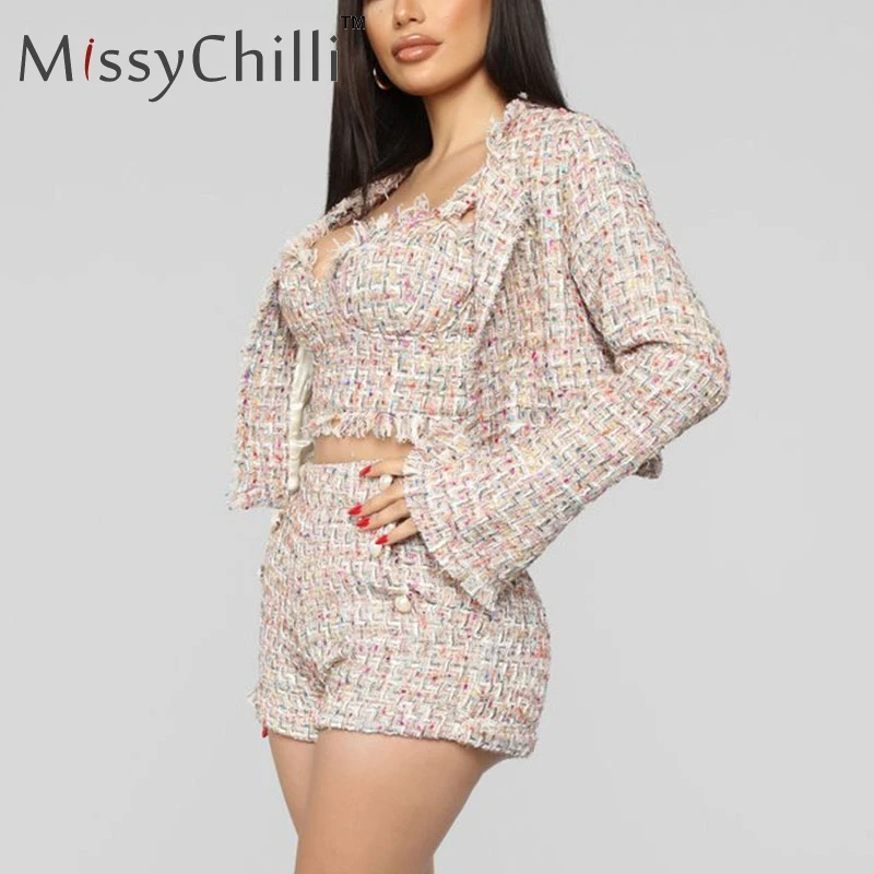 Женский твидовый костюм MissyChilli клубный тройка с длинным рукавом и люрексом
