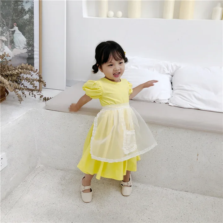 Korean style baby girls fashion solid color puff sleeve princess dress with mesh apron 1-6 years kids all-match long dresses | Детская