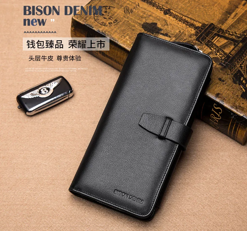 BISON DENIM люксовый бренд мужской кошелек из коровьей кожи мужской кошелек с карманом на молнии высокое качество мужской клатч из натуральной кожи кошелек для мужчин