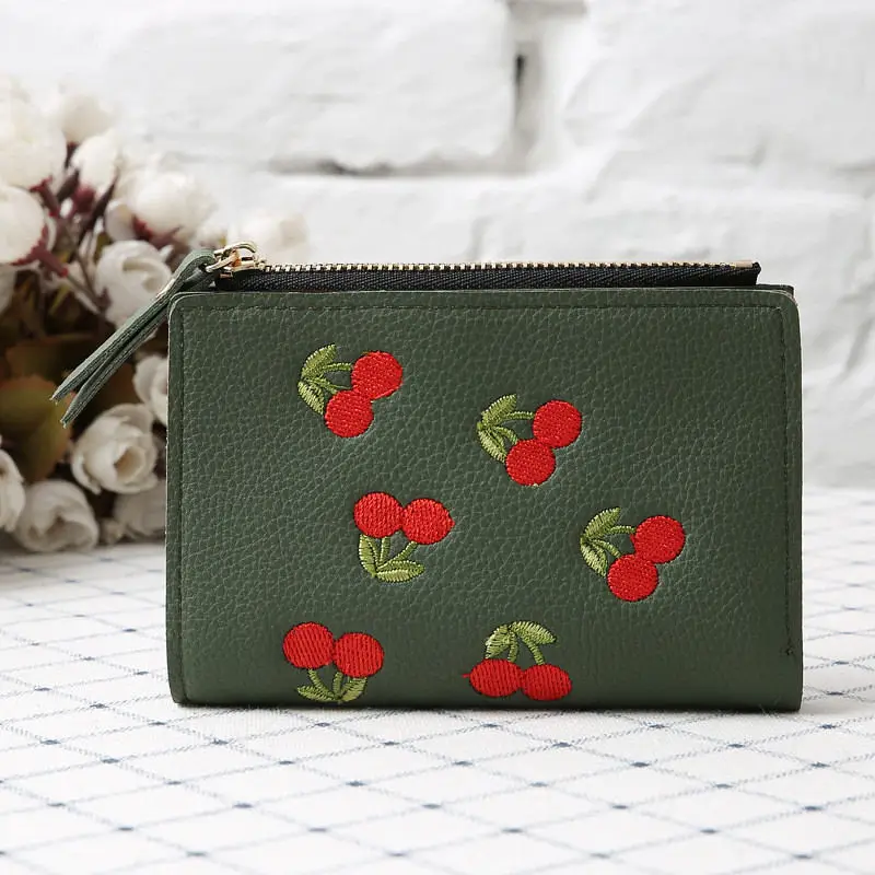 Navy green Модный женский короткий кошелек для монет из искусственной кожи, кошелек с вышивкой вишни, держатель для карт, мини-сумочка для денег для девушек - Цвет: Navy green