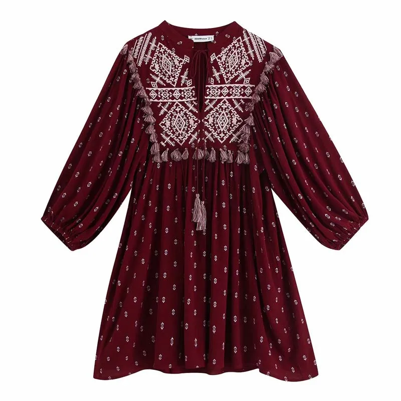 2019 лето осень Boho женское хлопковое платье с вышитым v-образным вырезом и длинным