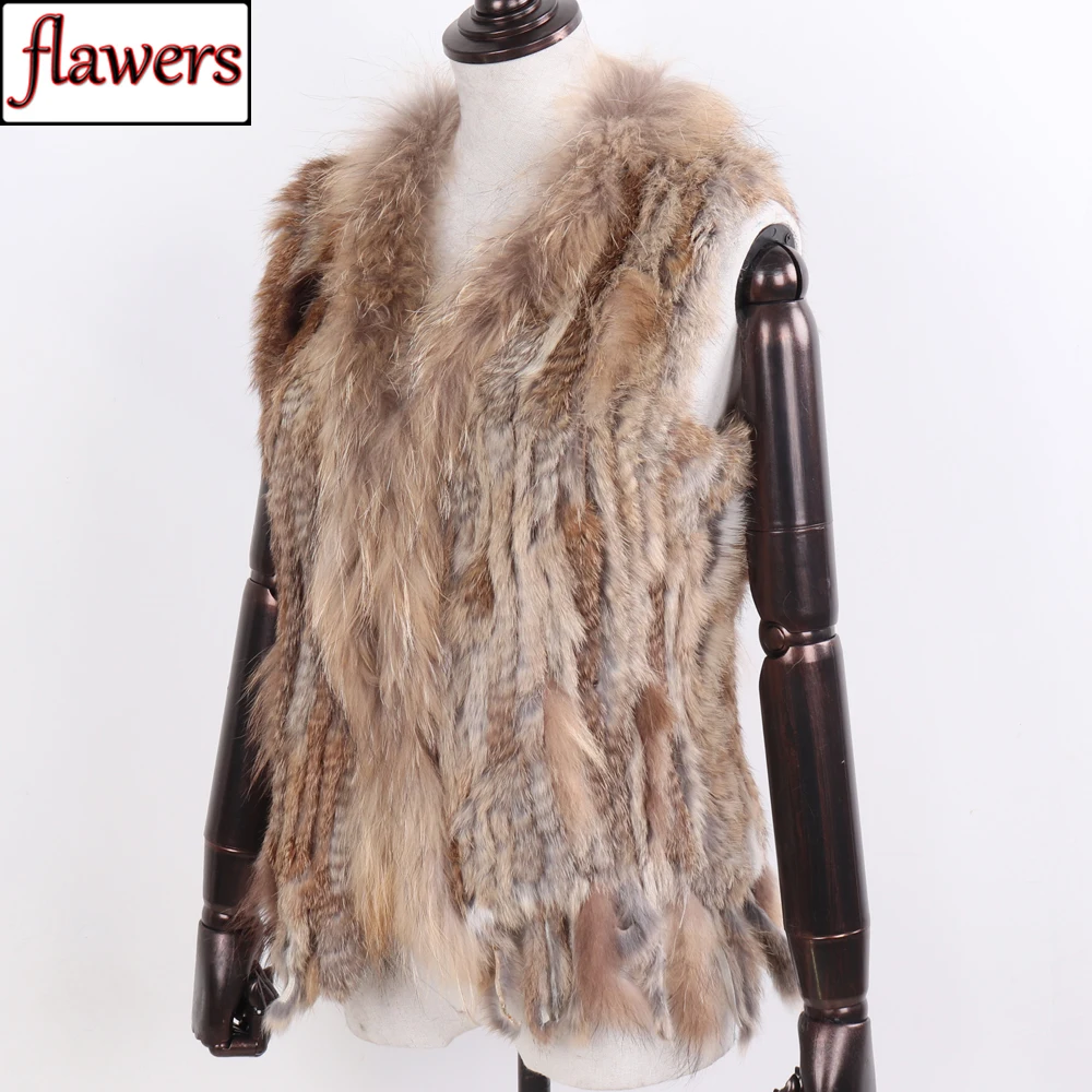 

Hot Sale Women Genuine Real Rabbit Fur Vest Spring Autumn Lady Knitted Tassel Real Rabbit Fur Gilet With Real Raccoon Fur Collar