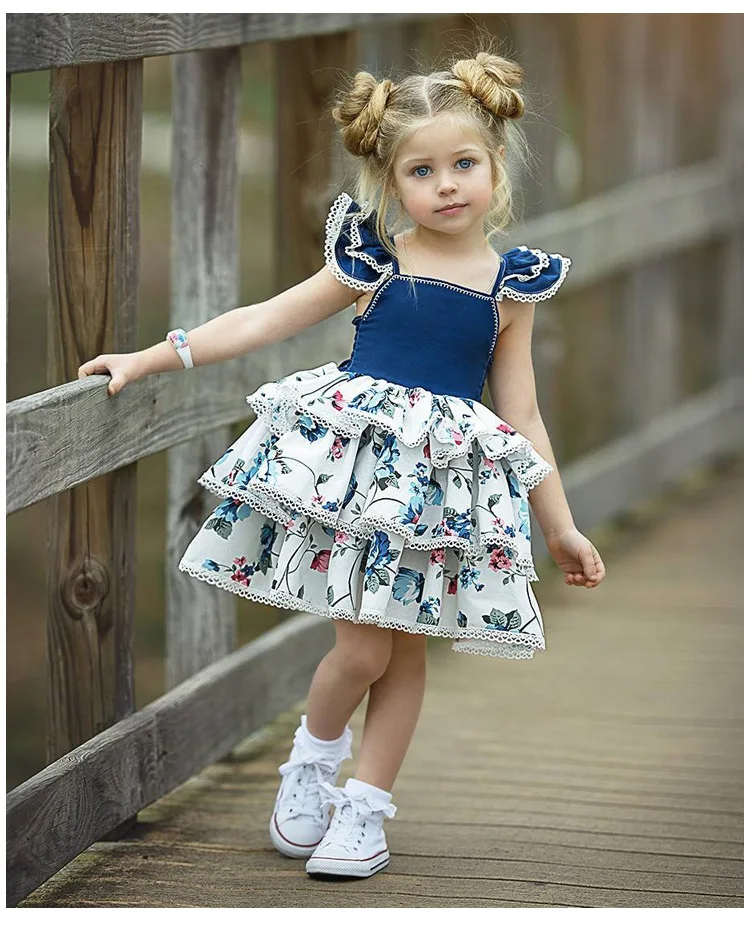 INS hot sell demin tops ruffles kids dress high quality girl cake | Детская одежда и обувь