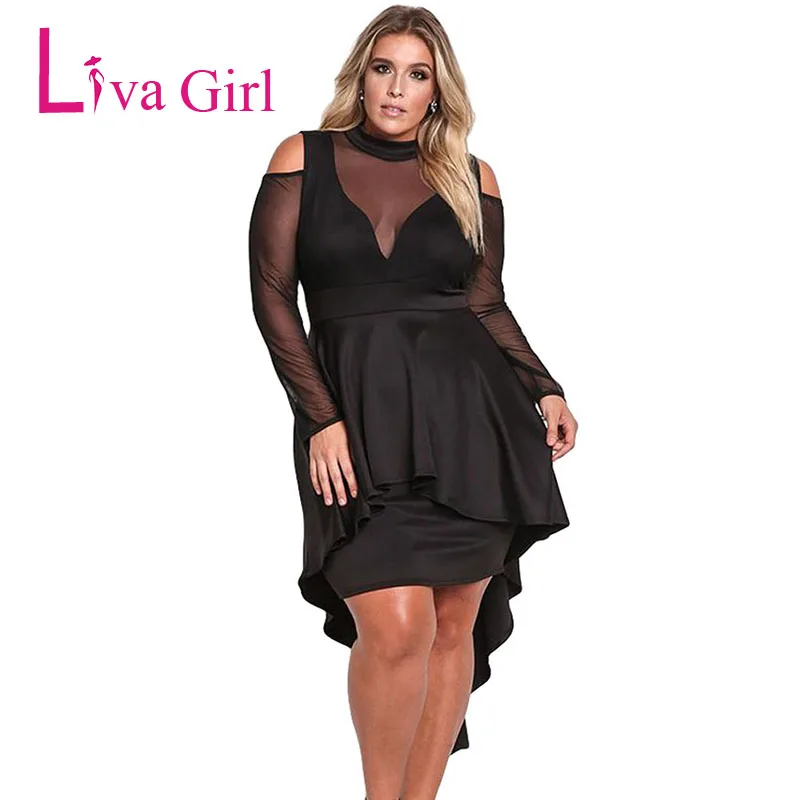 Black LIVA GIRL сексуальное черное платье с открытыми плечами размера плюс мини женское платье из прозрачной сетки с длинным рукавом облегающее платье для вечеринок белое Vestidos 5XL - Цвет: Black