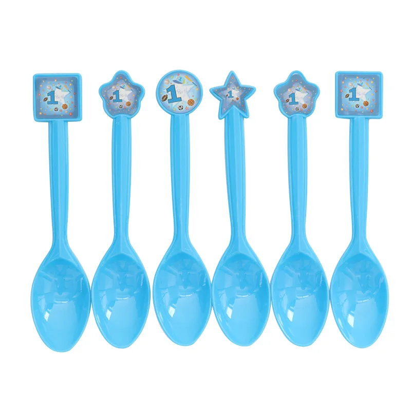 Spoons X 6pcs 1 Набор бумажных тарелок с днем рождения для детей, чашки для празднования первого дня рождения, детские салфетки, флаги, вечерние столовые приборы - Цвет: Spoons X 6pcs