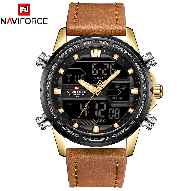 NAVIFORCE мужские роскошные золотые часы кожаные спортивные водонепроницаемые