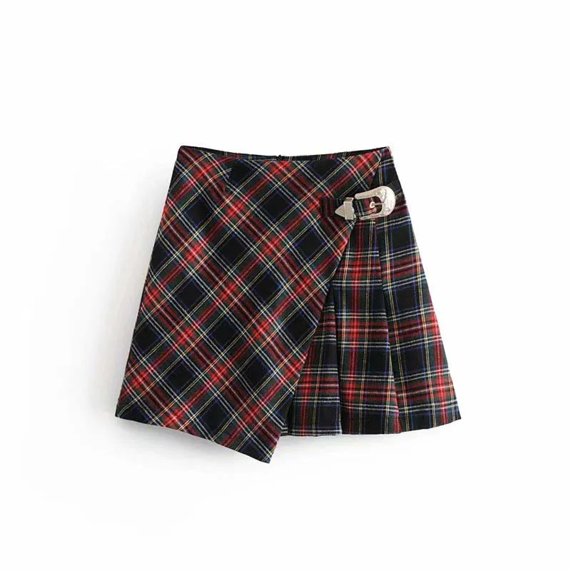 Wonder Women Spring Retro Plaid Mini Skirts Vintage Sashes Female Pleated Skirts Casual High Waist Lady A-Line Skirts Bottoms
